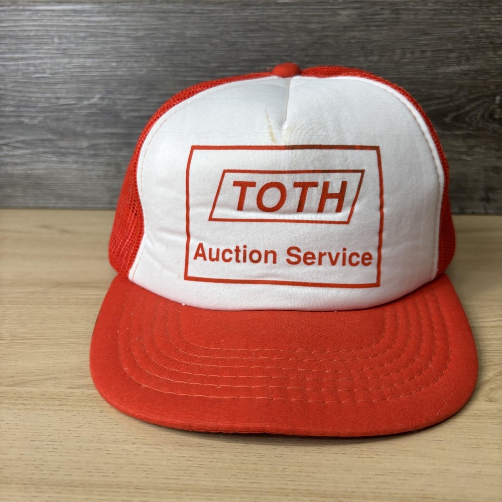Vintage TOTH Auction Service Hat Cap Snap Back Red White Mesh Trucker Mens 90s